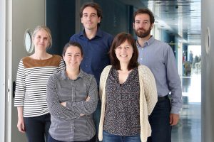 Investigadores del grupo de Terapia Celular e Ingenieria Tisular de la UIB y representantes de las empresas Numat Biomedical y Laboratoris Sanifit. Arriba, de izquierda a derecha: Marta Monjo, Joan Perelló y Bernat Isern. Abajo, Joana Maria Ramis y Alba Córdoba.