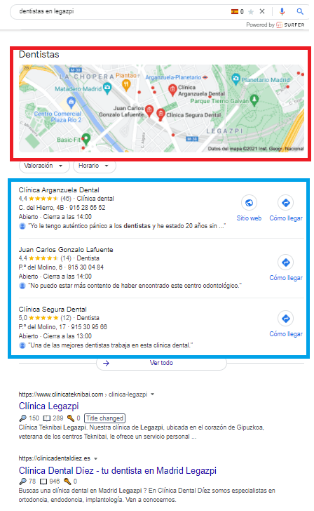 Ejemplo de resultados de Google con SEO local para clínicas dentales